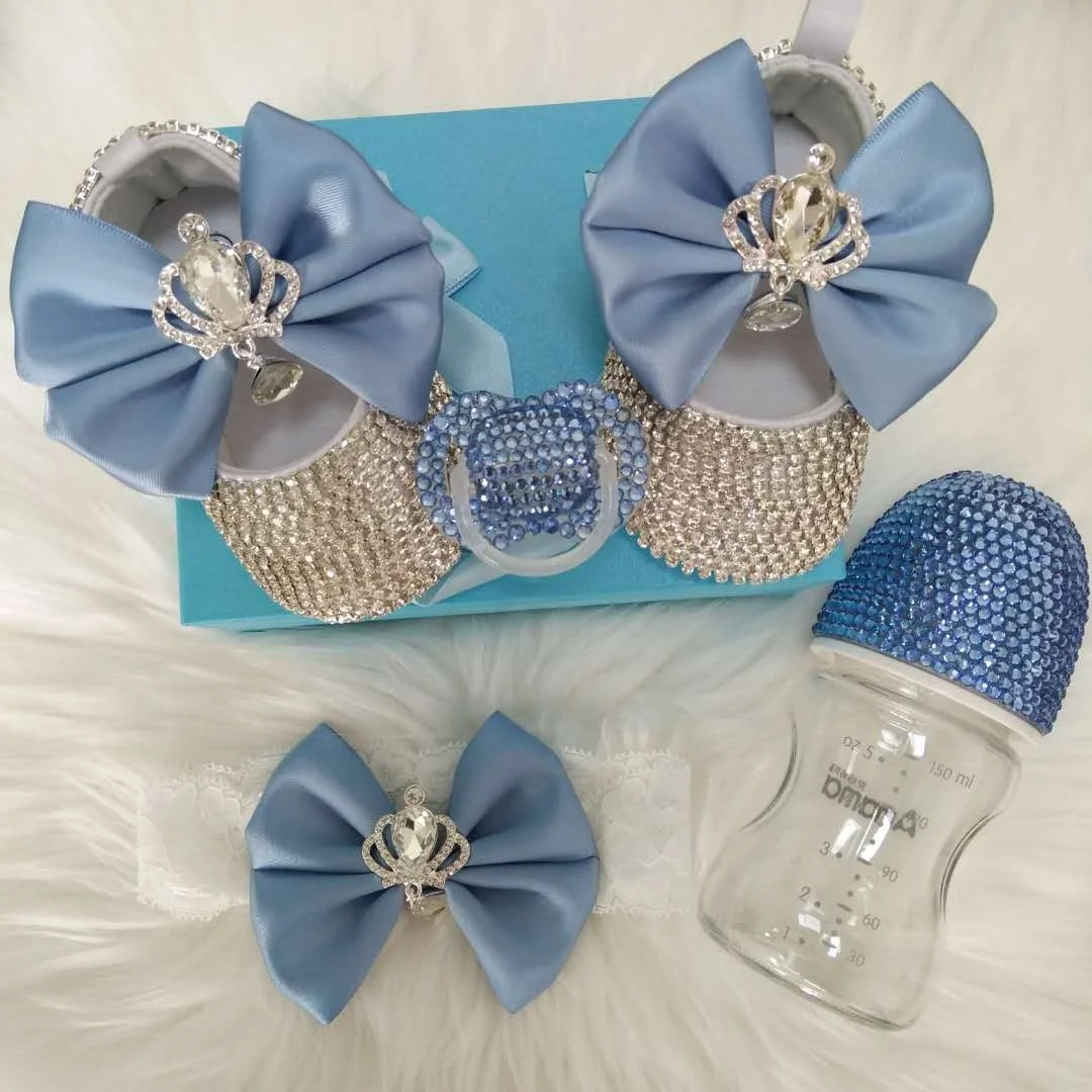 Dollbling Design Crystal Pacifier Bottle Rhinestone Cute Bling Baby Headband Shoes for Luxury Dubai Baby Shower Gift Set