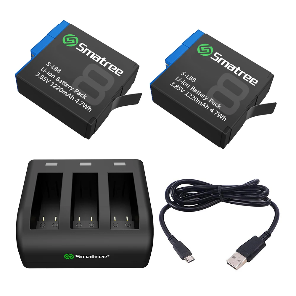 Smatree 2 батареи с 3-канальный блок питания зарядное устройство, совместимое с камеры Go Pro Hero 8 черный/7/6 черно-H Hero 5 батареи для камеры