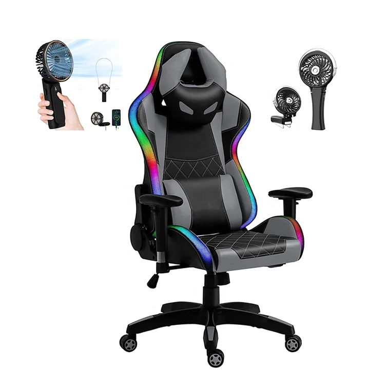 Stylish Gamers Chair with Handheld Fan Half Moon Headrest Pillow Lumbar Cushion Executive Sim Racing Chair Silla Gamers Con Luz