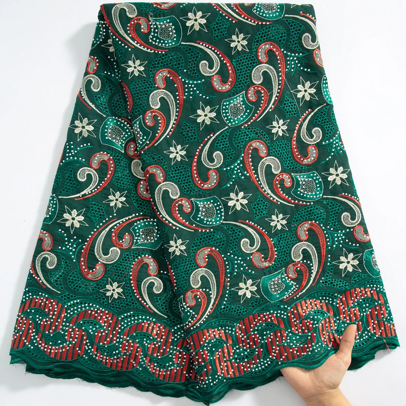 3722 Beautiful African Dry Cotton Lace Fabric High Quality Crystals Swiss Voile Lace Embroidered Fabric for Women Evening Dress