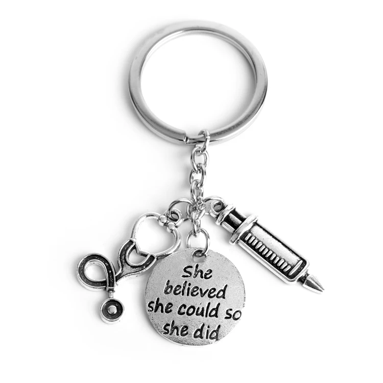 Trendy medical stethoscope keychains letter she believed she could so she did nurse doctor metal key chains for women man gift