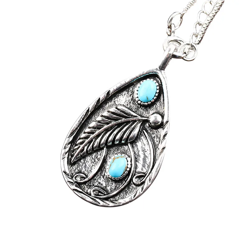 Ожерелье из серебра 925 пробы с зеленым бирюзовым пером в форме капли воды