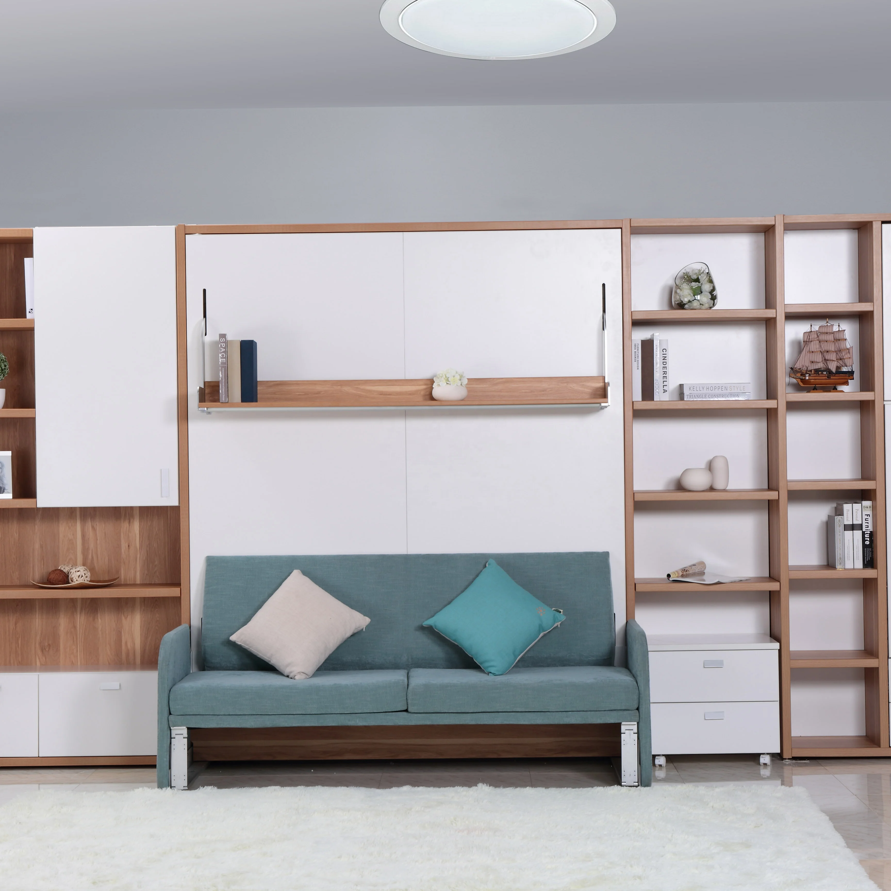 Wall Bed Mechanism E1 MDF Folding Murphy Wall Bed Mechanism With Bookshelf And Sofa For Home