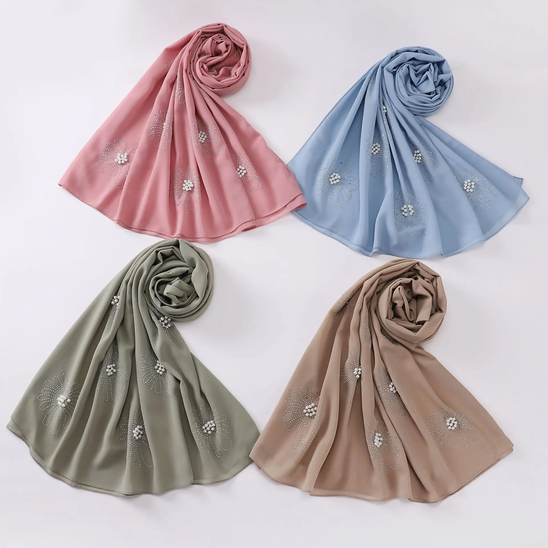New Custom Luxury Plain Chiffon Diamond Beaded Headscarf Hijabs Muslim Women Pearl Ornament Flower Pattern Chiffon Shawl Hijab
