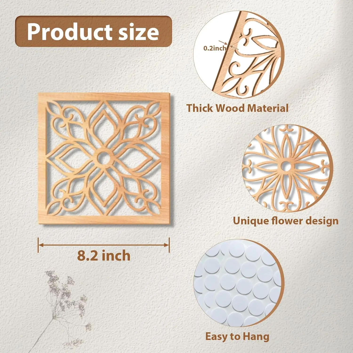 4 Pieces Thicken Rustic Wall Decor,Flower Carved Wall Art,Wooden Hollow Carved Design