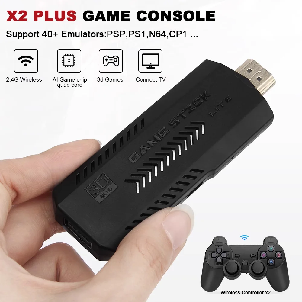 GD10 Game Stick X2 Plus Retro 4K Video Game Console For N64 2.4G Wireless Controllers HD 30000 Classic Games For PSP/N64/PS1
