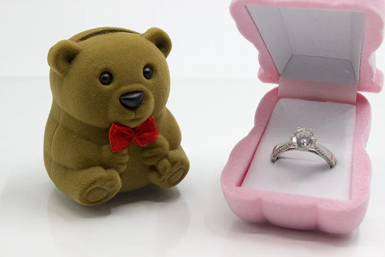Customized Cute Small Pink Brown Jewellery Gift Box Travel Portable Velvet Teddy Bear Ring Jewelry Box