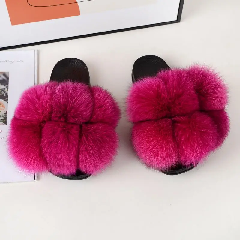 New Fashion Ladies Fox Fur Slippers Faux Futured White Furry Women Blue Slides Non-Slip Sheepskin Fuzzy Furcharm Real