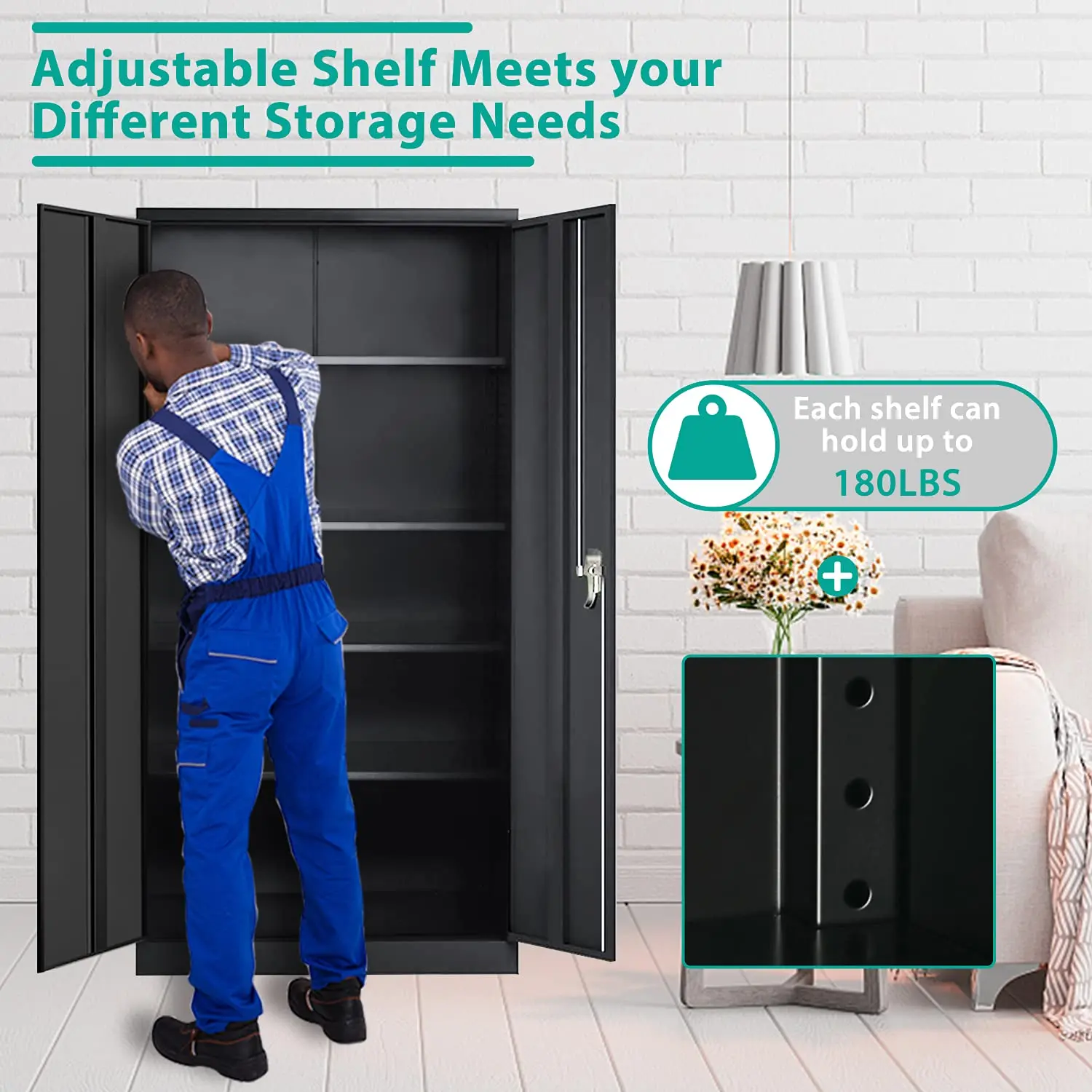 Modern Steel Garage Storage Unit with Multi-Purpose Shelves and Double Door