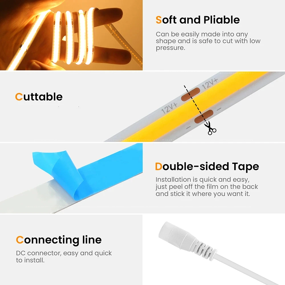 COB LED Flexible Strip Light 12V/24V 384LED/m High-Density Tape 3000K/4000K/6000K Slim 8mm PCB with DC Plug