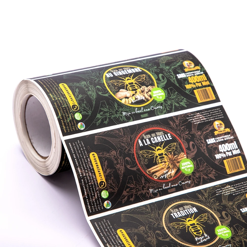 Waterproof Custom Etiquette Printing Plastic Glass Bottle Jar Food Product Packaging Logo Design Honey Sticker Label Black