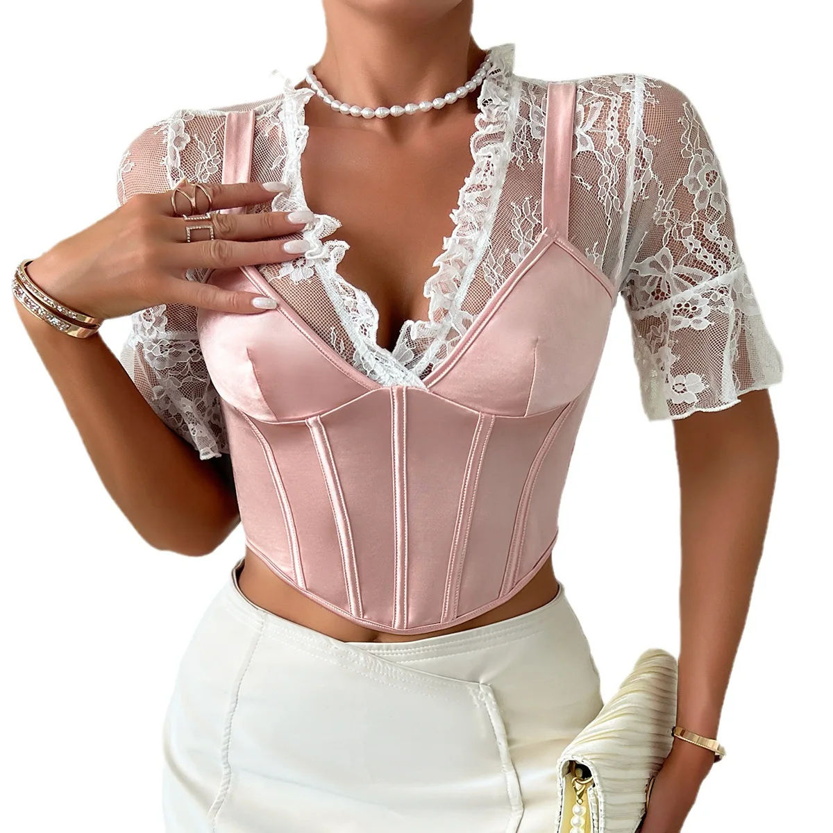 New Lace Stitching Short T-Shirt Spice Girl Fishbone Waist Corset De Mujer Corset Tops Female Trendy Wholesale