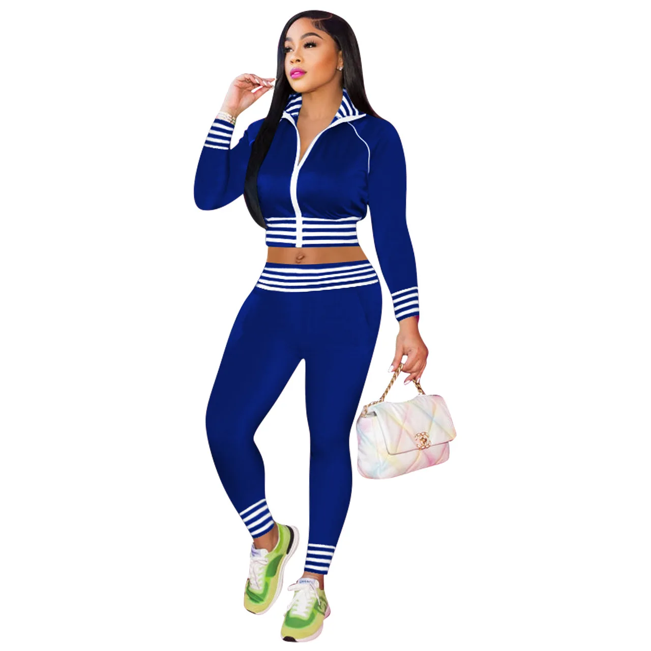 2023 Hot selling tracksuit solid color casual waist thread stand collar sports crop top suits clothes women two-piece set