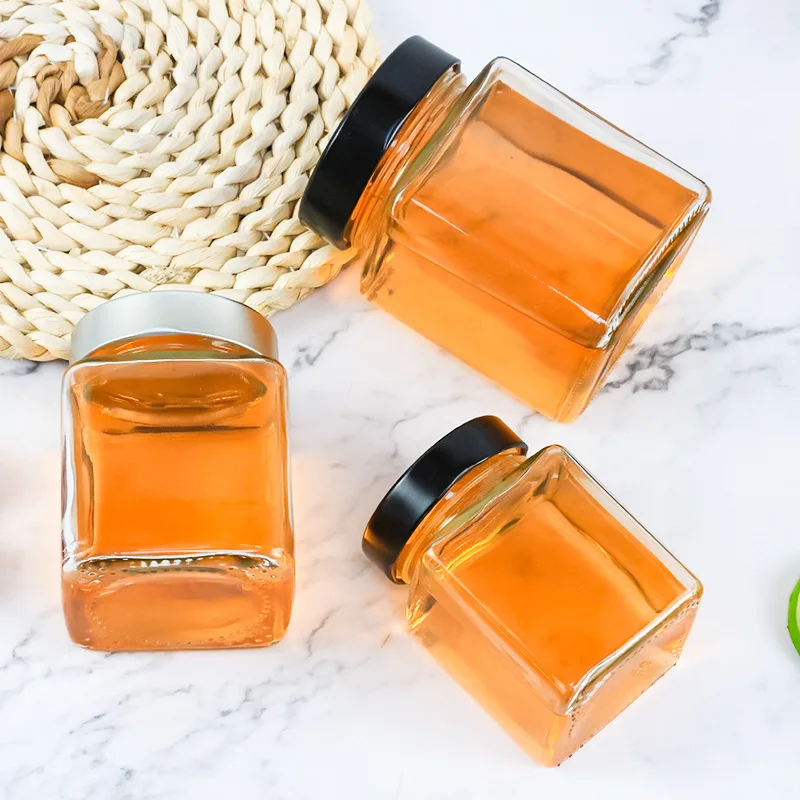 Square Honey Storage Bottles 200ml 280ml 380ml Jam Food Glass Jars For Sauce Honey Glass Jars With Deep Metal Lid
