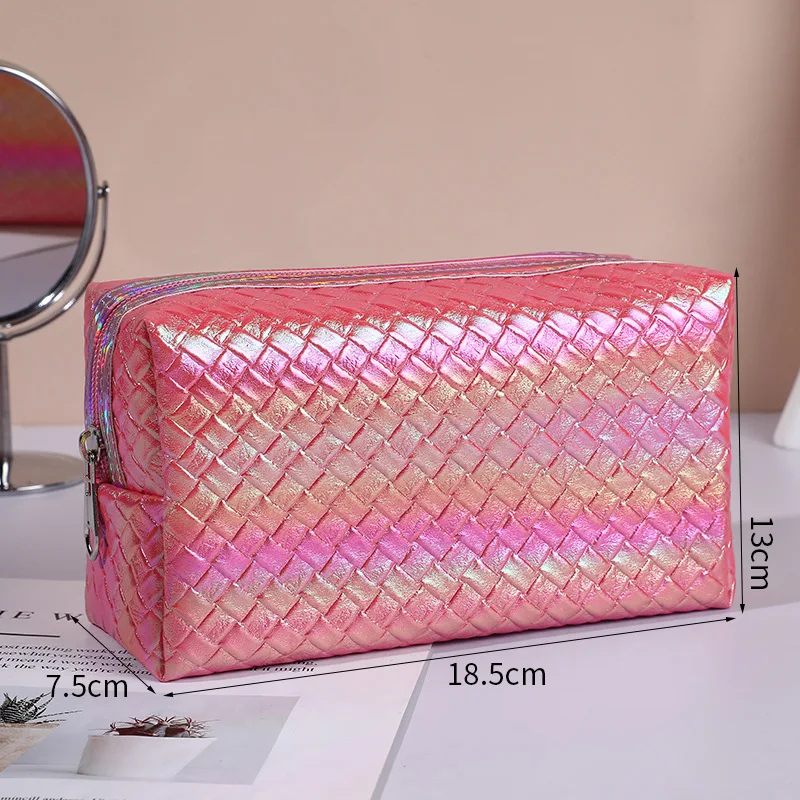 New Laser Square Color Woven Pattern Pu Leather Women Travel Cosmetic Storage Travel Toiletry Zipper Makeup Brush Bag Ladies