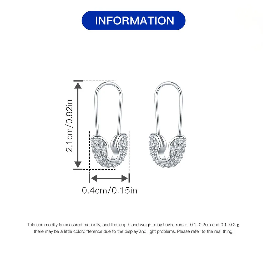 Unique Creative Jewelry Paper Clip Hoop Earrings 925 Sterling Silver Cubic Zirconia CZ Safety Pin Earrings for Women Ladies