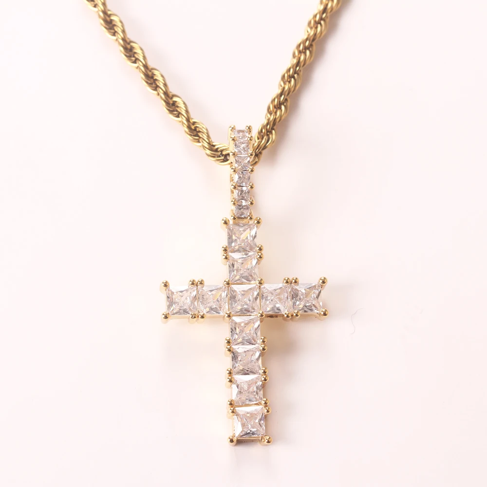 NEW POPULAR Bling Square  Large Zircon Cross Pendant Gold Silver Color Necklace For Women Men Hip Hop Party Jewelry Birthday