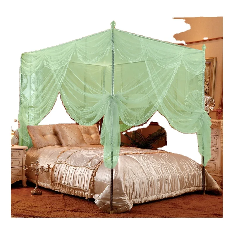 Folded green rectangular new style luxury princess palace mosquito net double bed with steel frame