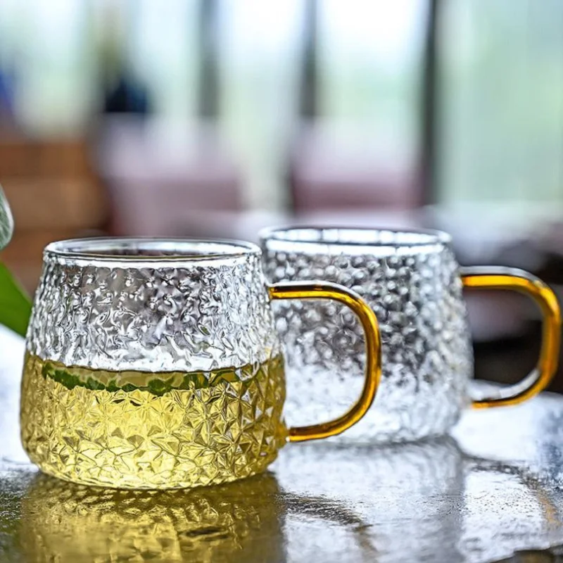 
15oz High Borosilicate Glass Cup With Gold Handle Hand blown Hammer Grain glass Mug 