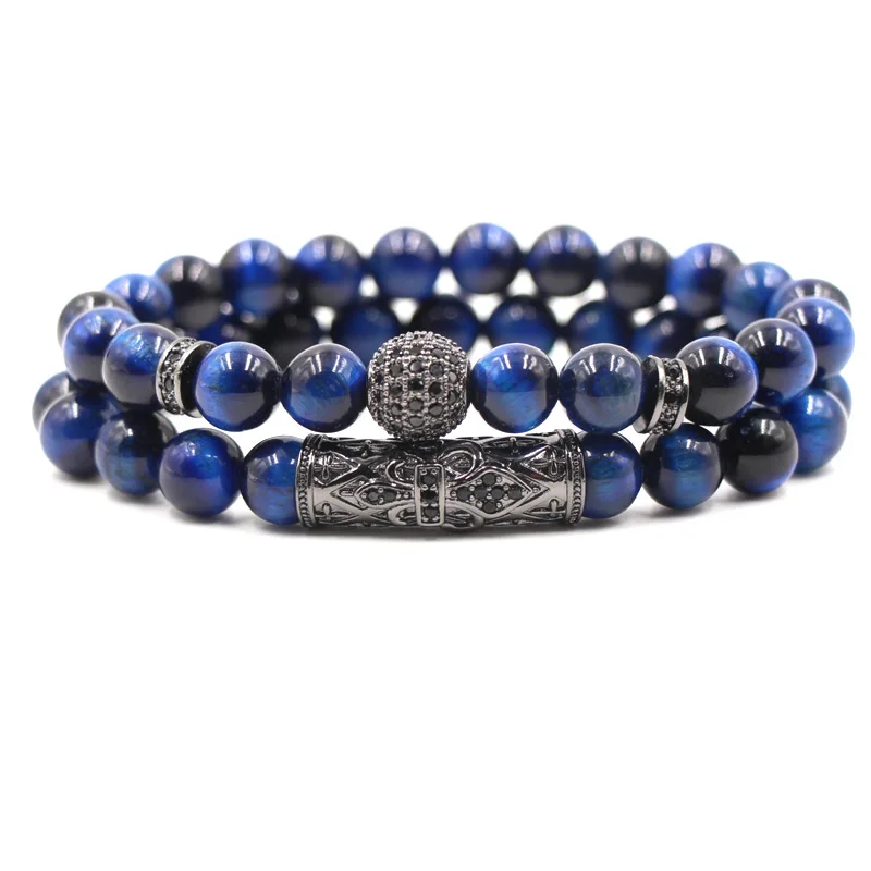 Fashion Green Blue Tiger Eye Stone Bracelet Charms Micro Pave CZ Round Ball Couple Bracelet For Gift
