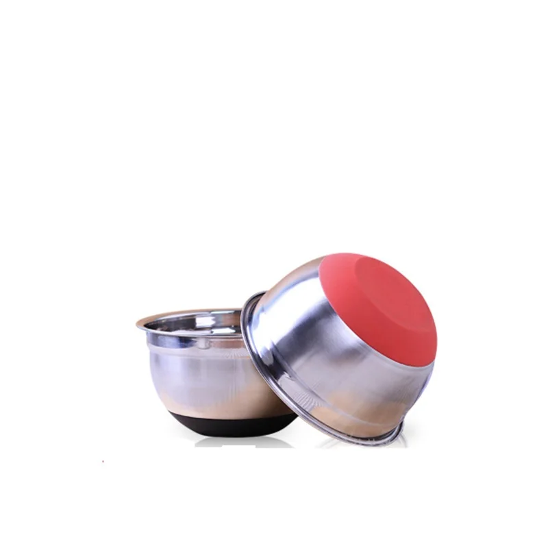 Non-skid stainless steel mixing salad bowl with silicone bottom & lid