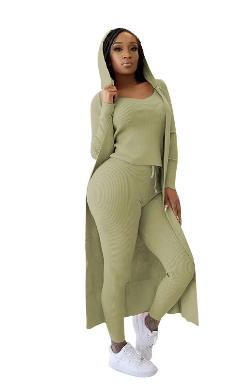 YD - TS1089 Wholesale 3 pieces outfit casual fashion ribbed sets pencil pants solid color hoodie outfit patchwork fall set woman