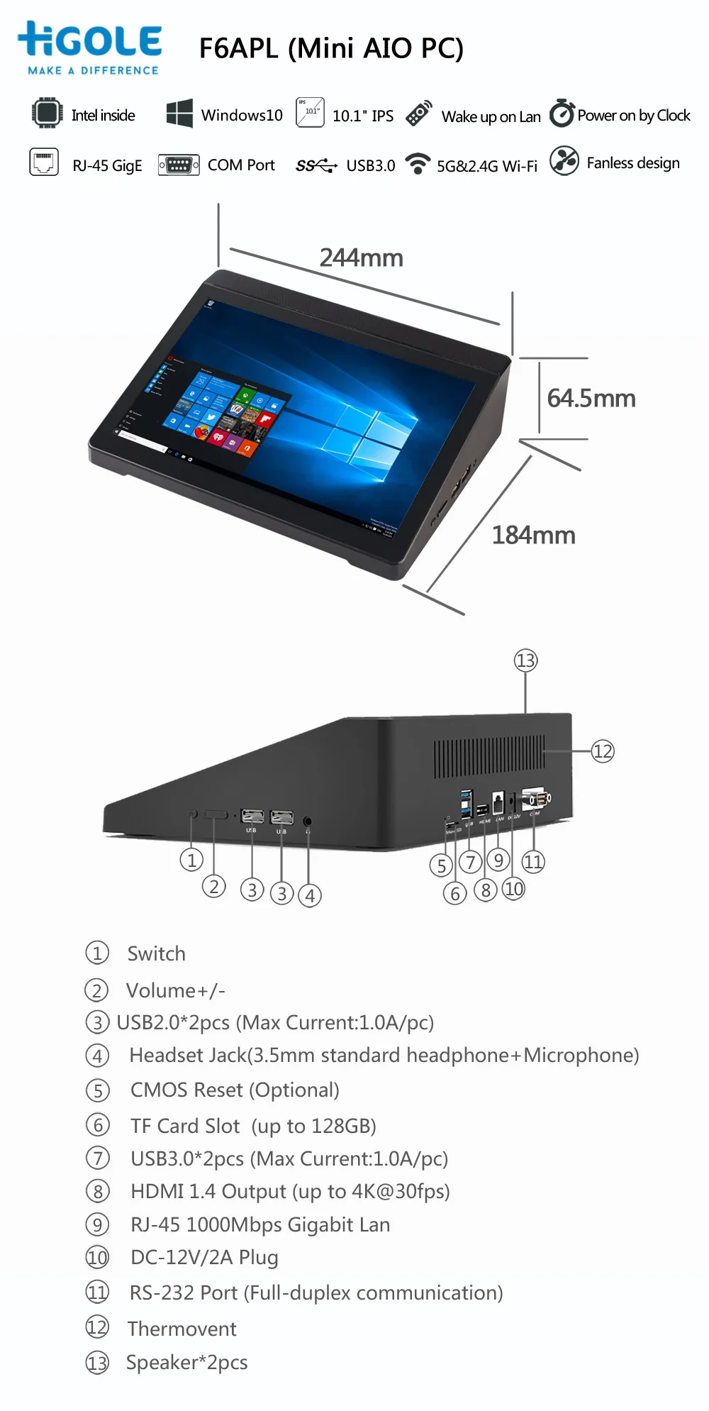 Мини-ПК Higole F6Apl 10 1 дюйма Windows промышленный безвентиляторный ПК с сенсорным экраном планшетный для системы Pos