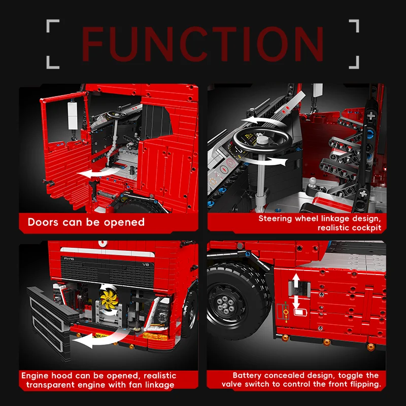2024 Mould King 19015 FH16 Pneumatic Tractor MOC Brick Toy 19015T Heavy-Duty Tow Trailer Technical Engineering Vehicle Toy