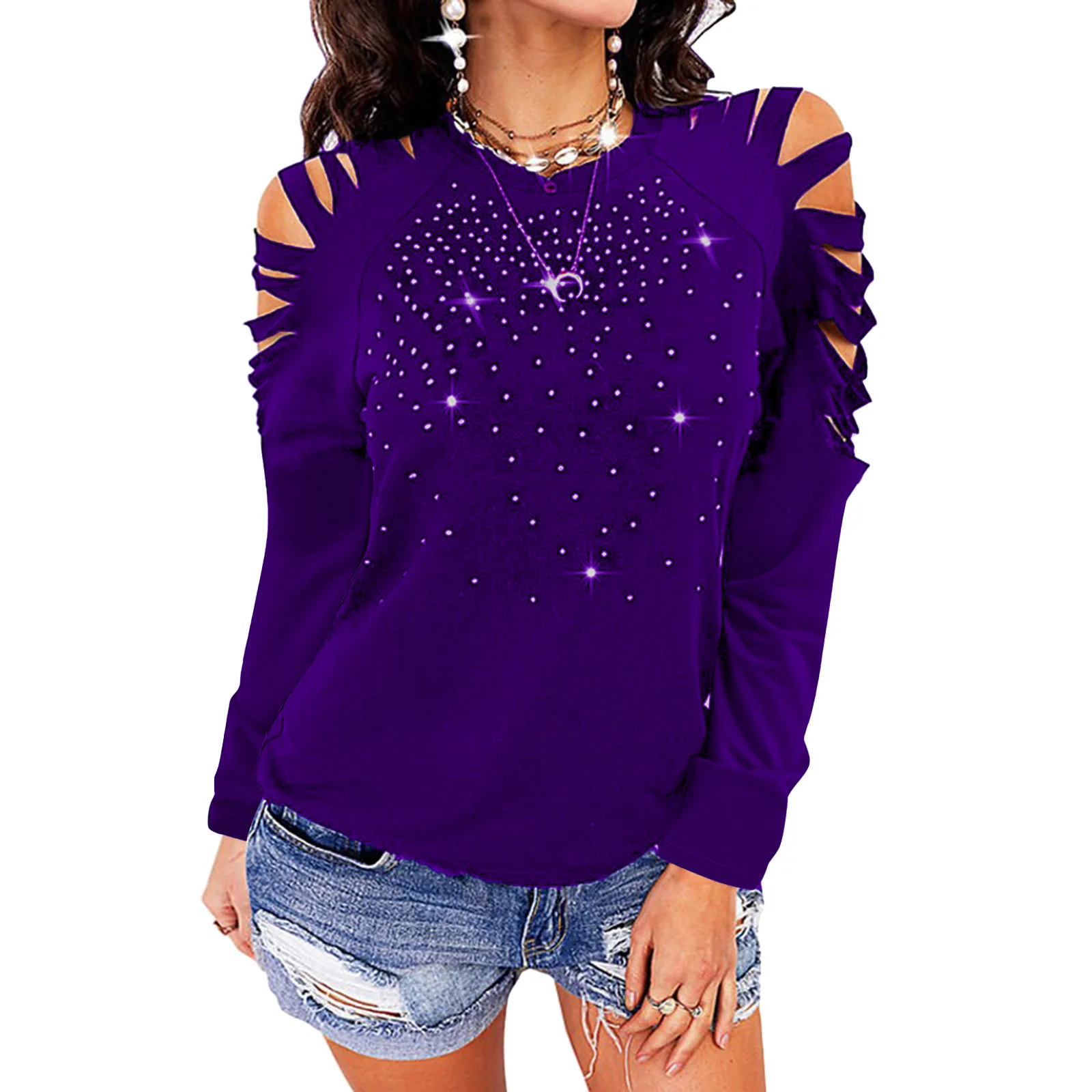 Autumn and winter new round neck hot drilling hollow long-sleeved off-the-shoulder top T-shirt