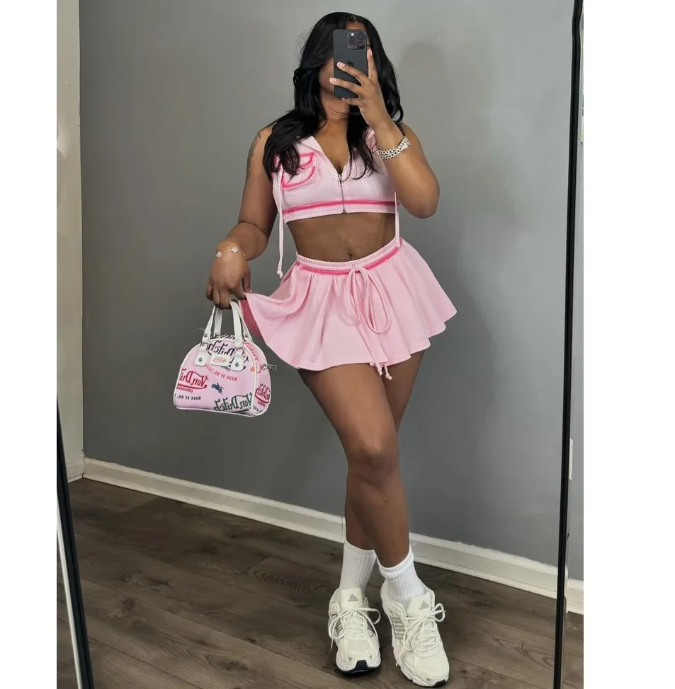 2024 Summer New Sexy Sports Girl Casual Zipper Lace up Short Skirt Set for Women