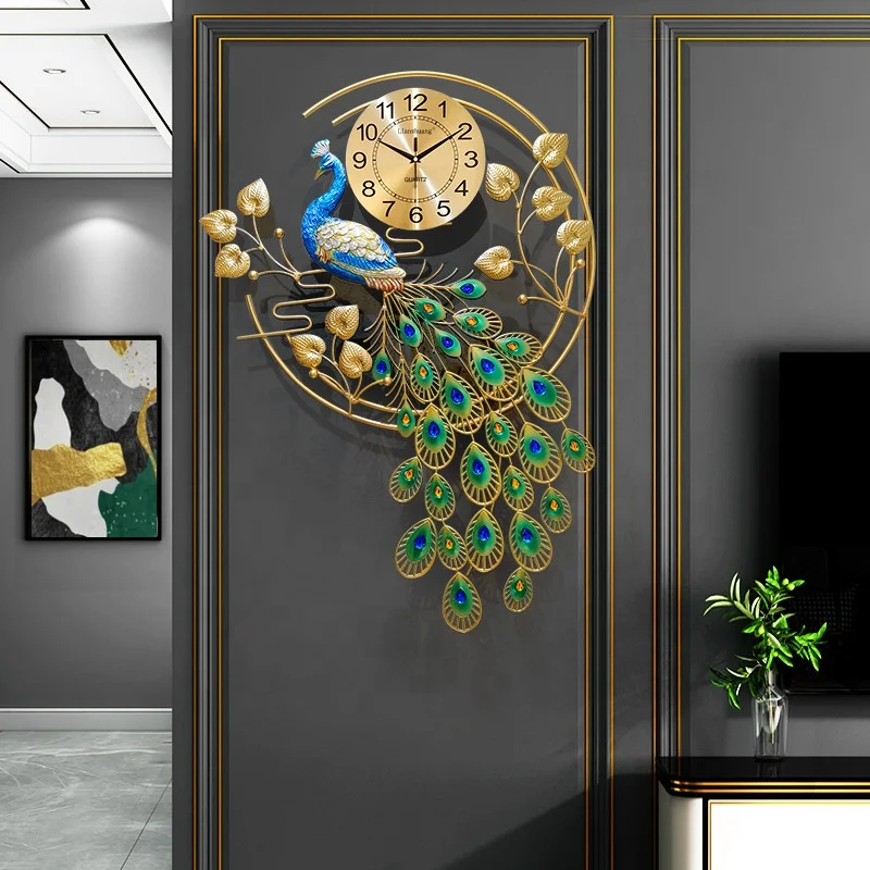 Unique Design Wholesale Luxury Metal Wall Art Animal Wall Clock Home Decor Europe Big 3D Resin Peacock Wall Clocks