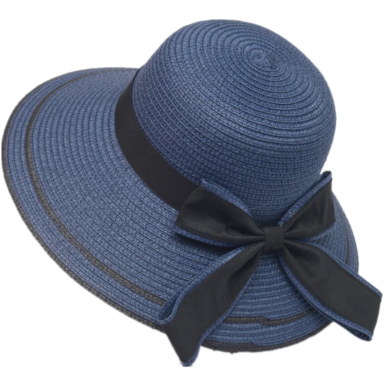 
Wholesale and cheap Dome flat big brim black bow bowknot straw hat Summer seabeach Hats For Women 