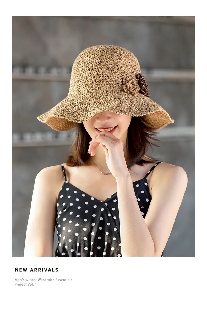 Women Fashion Hats Packable Paper Straw Hand Crochet Sun Hat Wide Brim Floppy Dress Beach Hats with Flowers