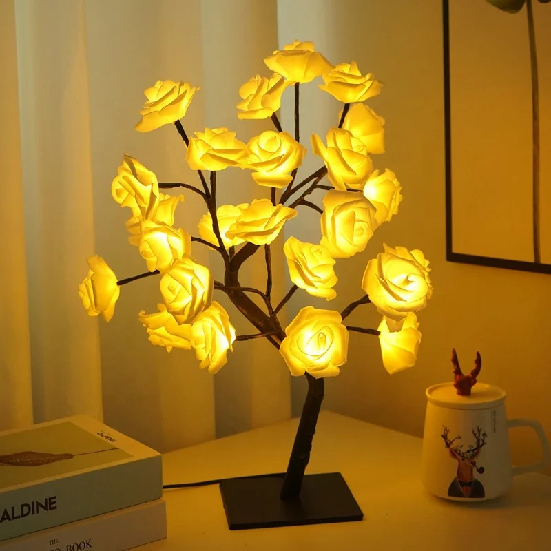 Biumart Hot Sale LED Rose Tree Lamp Romantic Flower Table Lamps Night Light for Wedding Christmas Home Decoration