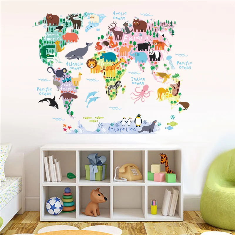 cartoon animals world map wall stickers for kids rooms office home decor pvc wall decals diy mural art posters decorations