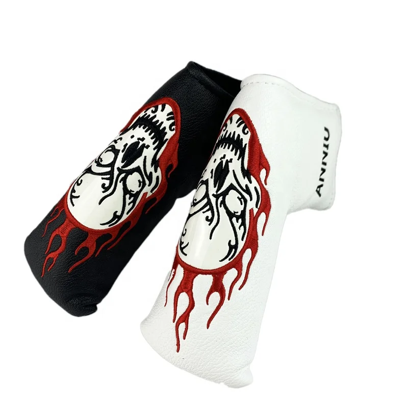 Custom Skeleton flame magnet PCB headcover embroidery logo printed PU leather golf blade putter cover