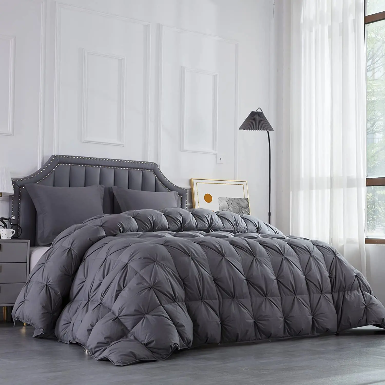 Grey Pinch Pleat  120x120 Oversized King Goose Feather and Down Comforter Fluffy Extra Large Comforter
