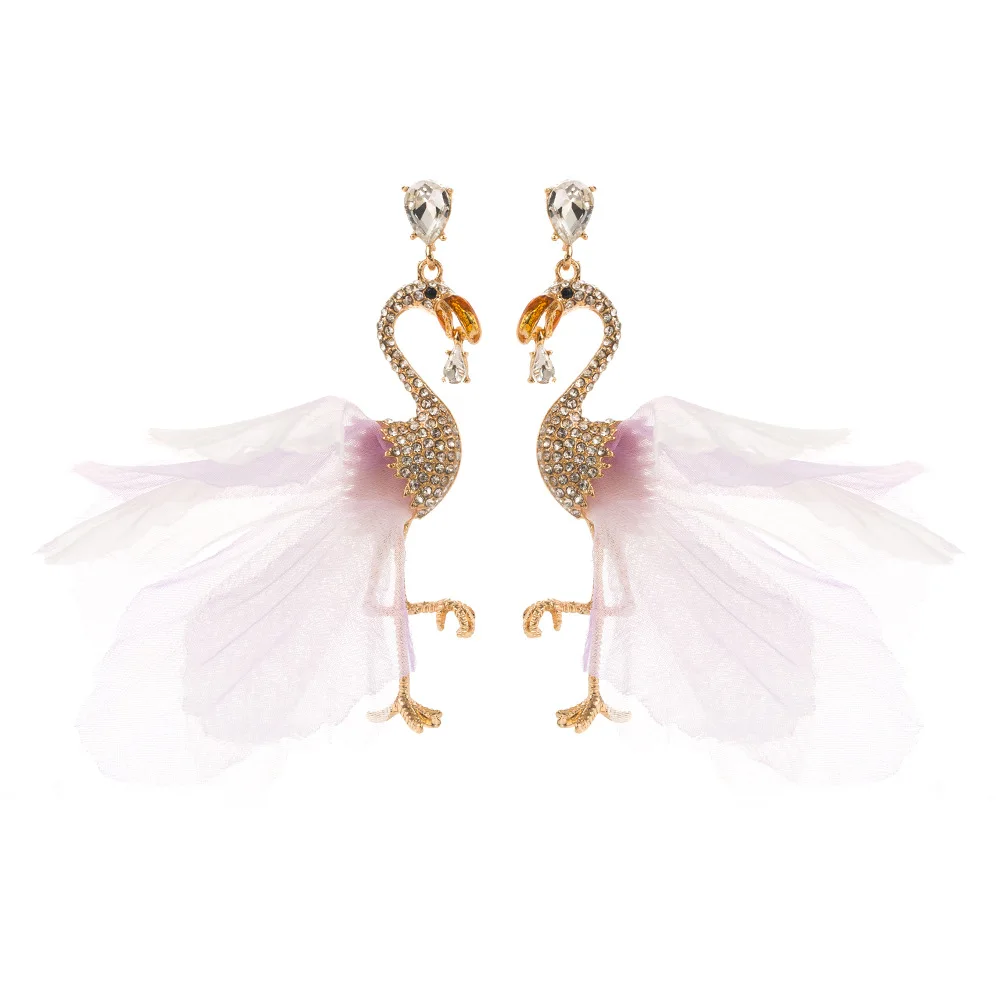 Fashionable diamond studded flamingo mesh earrings super fairy fashion girl earrings versatile temperament personalized earrings