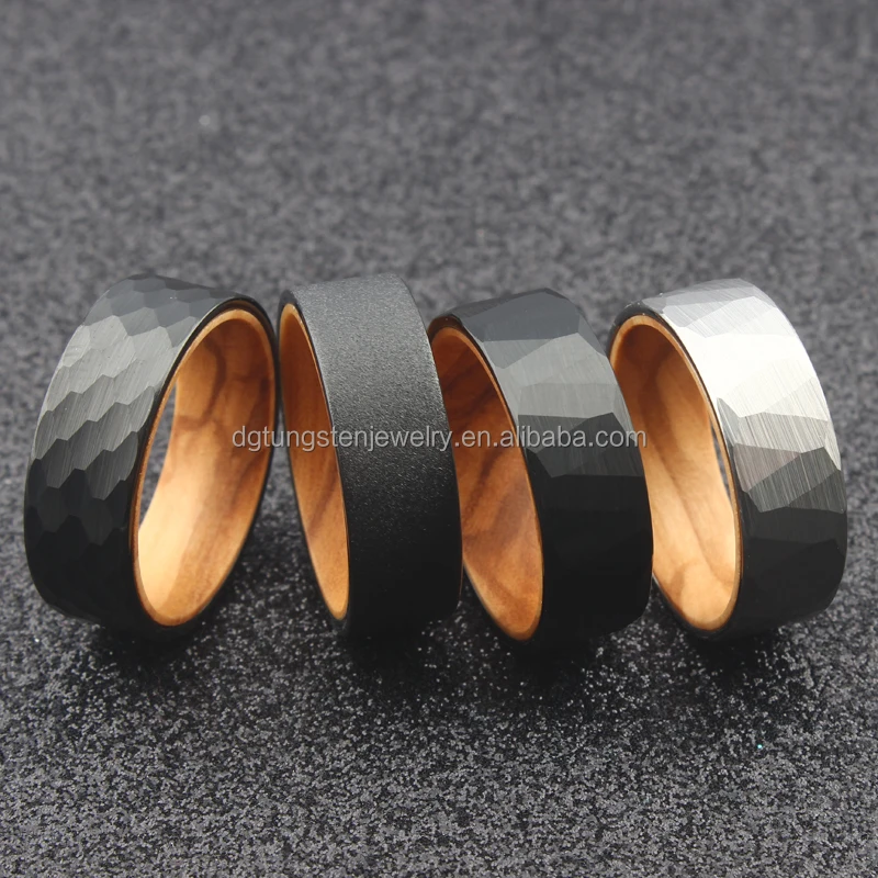 Olive Wood Ring 8mm Tungsten Sleeve Comfort Fit Black Silver Dome Beveled Forest