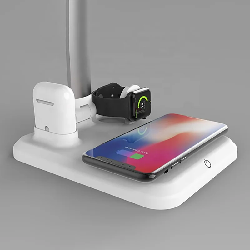 Home LED Bedside Table Lamp With Qi Fast Charge Stand 3 In 1 Wireless Charger Station For iWath / AirPods / Mobile Phones