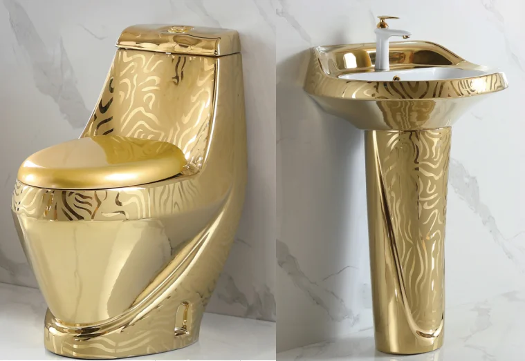 High Quality Golden Plated Sanitary Wares Top Flush Toilet Wc Strap One Piece Ceramic Gold Color Toilet