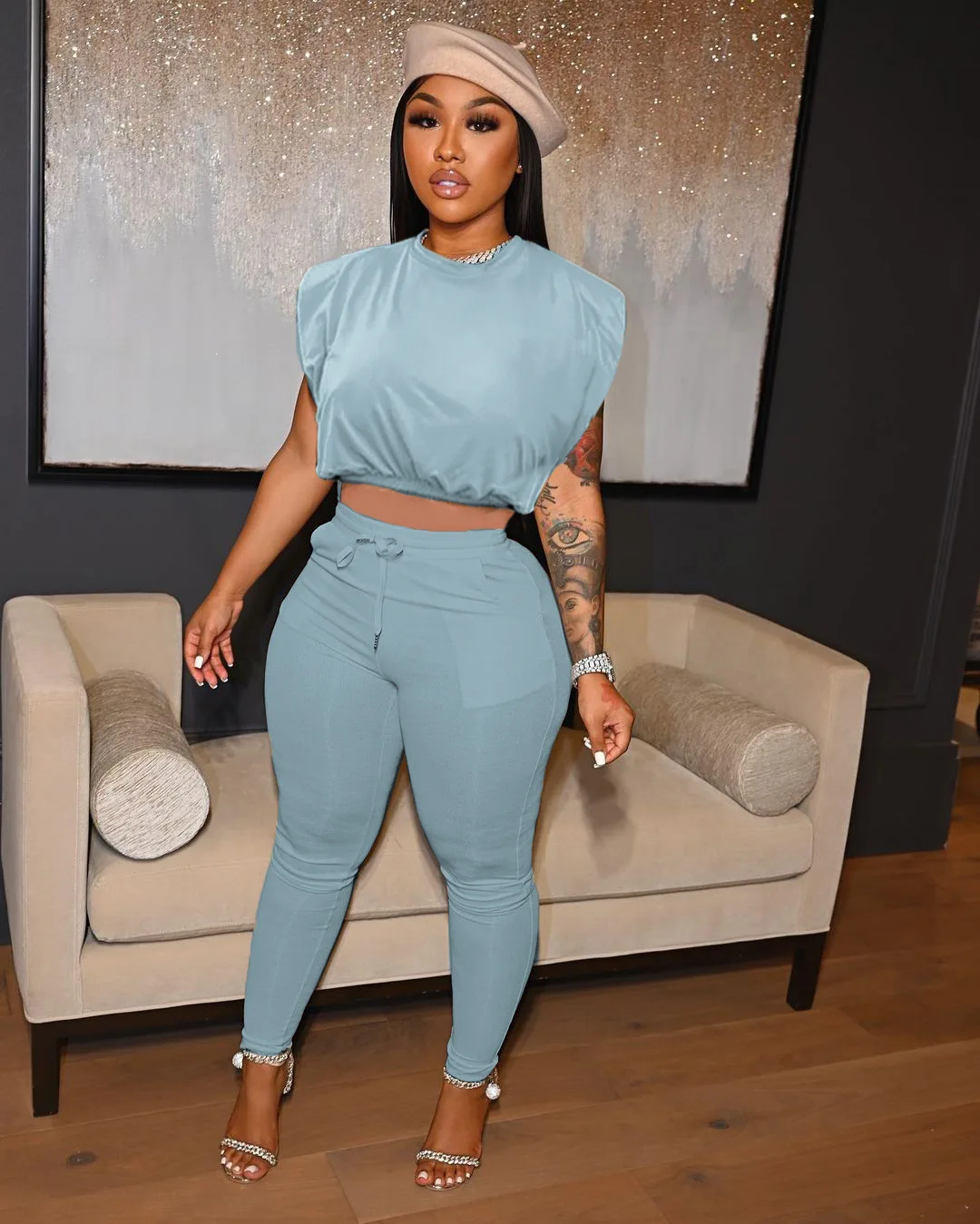 M7559 New arrival solid color crop tank top 2 piece pants set matching sets spring 2022 womens clothing