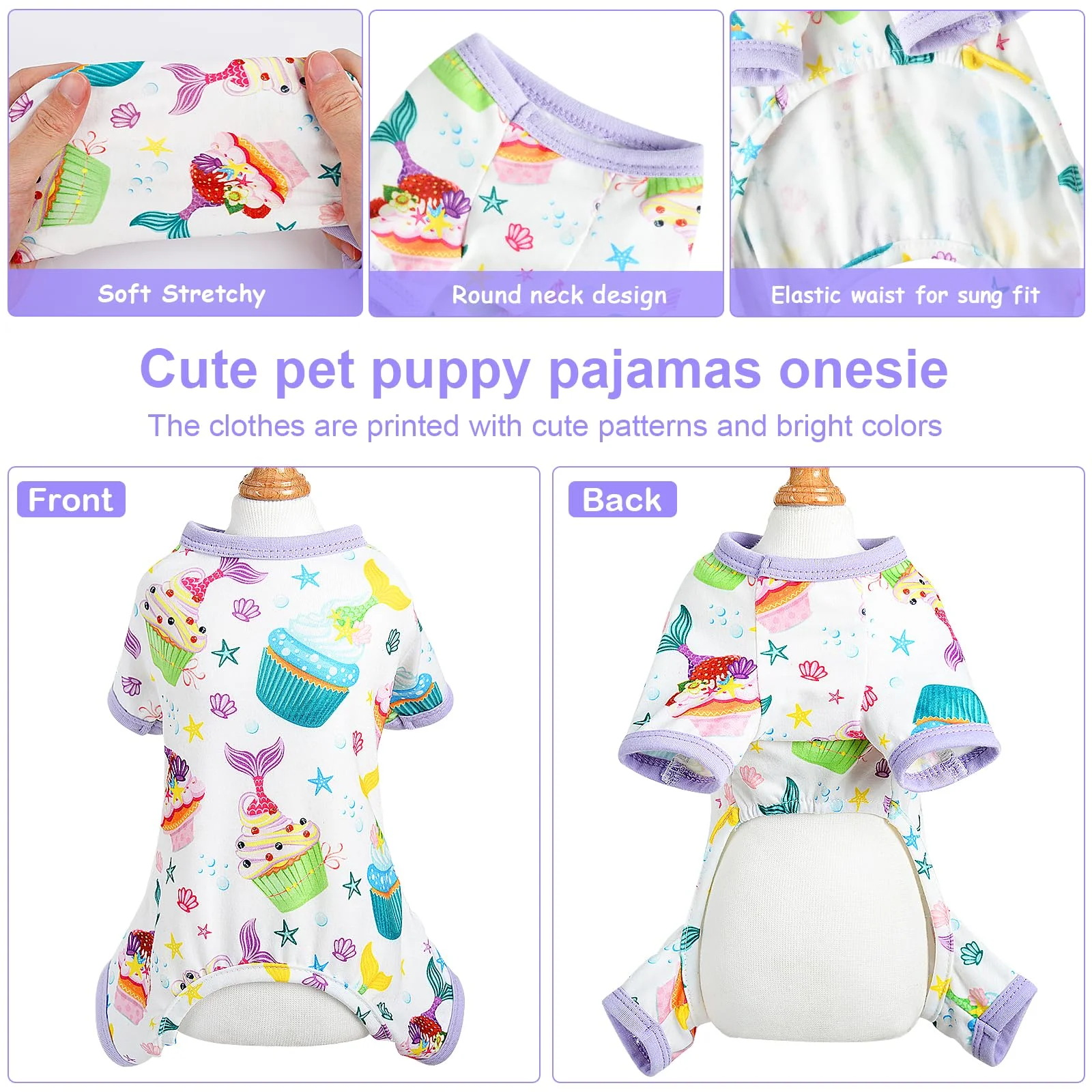 Pet Dog Pajamas Boy Girl Cute Dog Clothes Soft Stretch Chihuahua York Clothes One-piece Summer Puppy Pajamas XS-XXL (Mermaid)