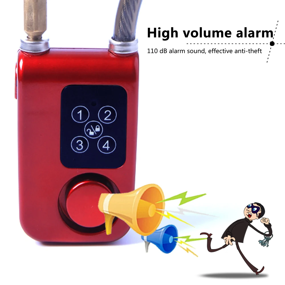 Black 105dB Loud Alarm Security Chain Lock 40/80/120cm ABS Material with Steel Cable for Bicycle Use