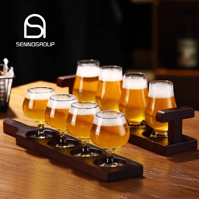 Custom Beer Glass Set Wooden Beer Holder 4 Pack  6 Pack Carrier Flight Board Tulip Craft Beer Glasses With Stand Tray