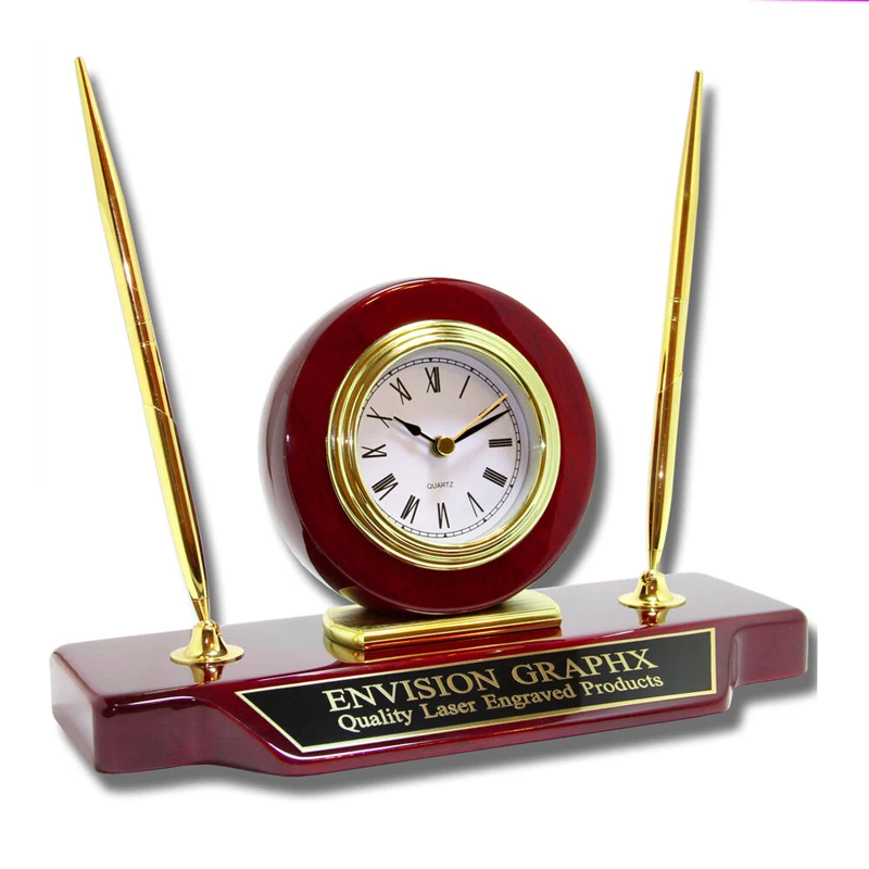 Personalized Cherry Wood  Double Pen Set Desk Clock