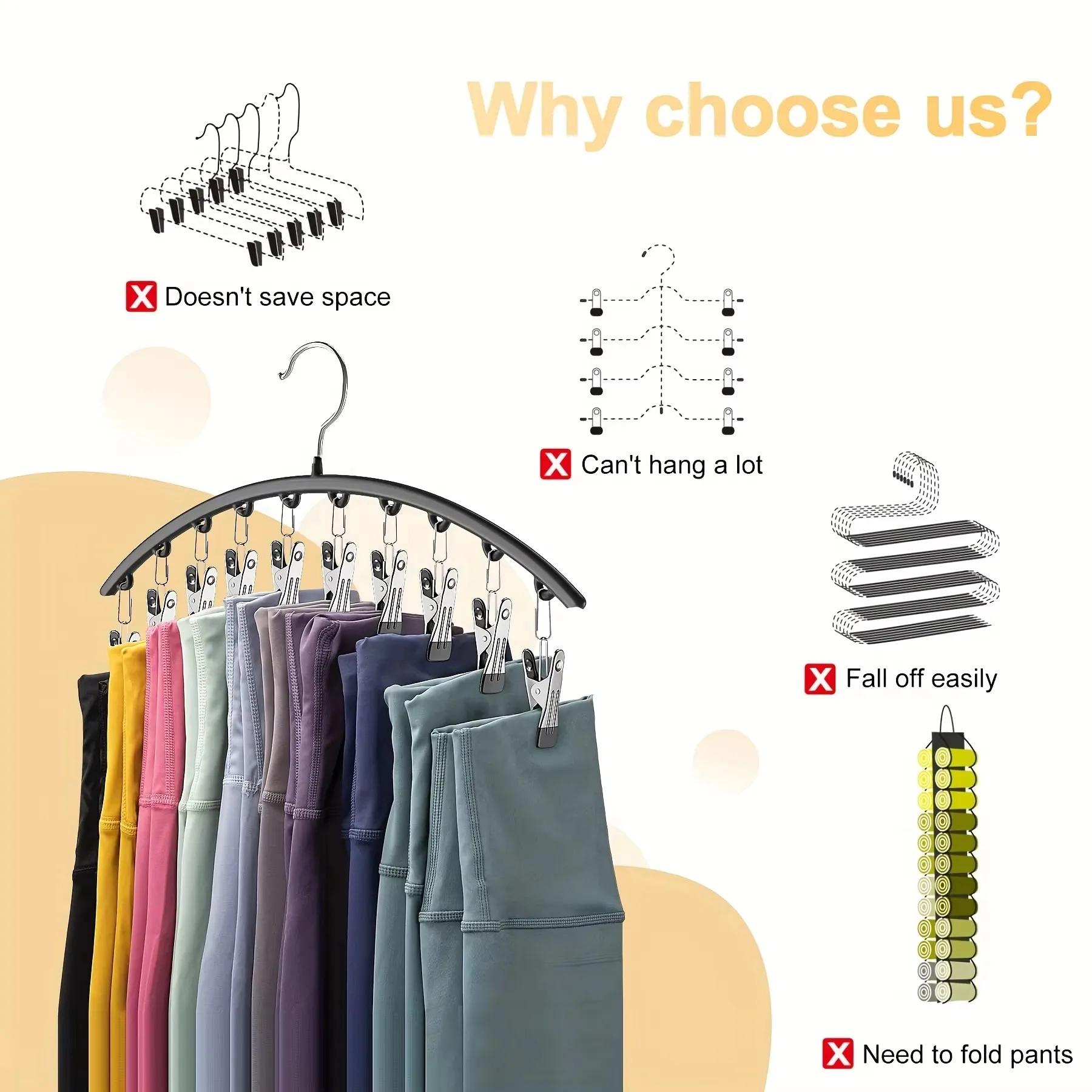 Curved Shape Hanger, Metal Yoga Pants Hangers, Organizer For Closet, Pants Hanger With 10 Clothespins, Holds 10 Leggings