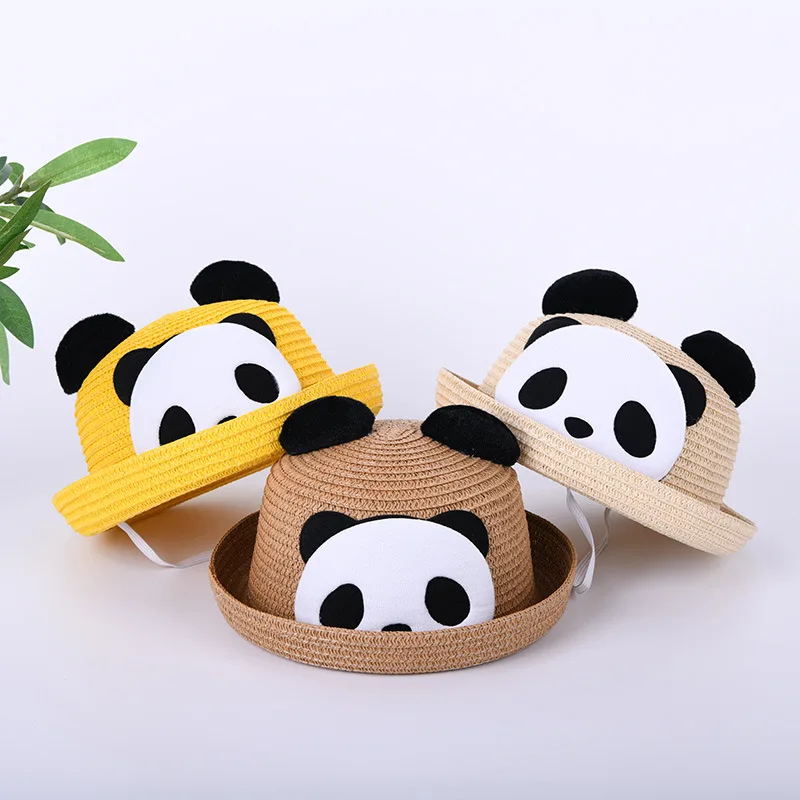Summer Kids Beach Travel Hat Korean Cartoon Panda Boy Girls Straw Children Sun Hat Baby Fisherman Hat Kids Panama