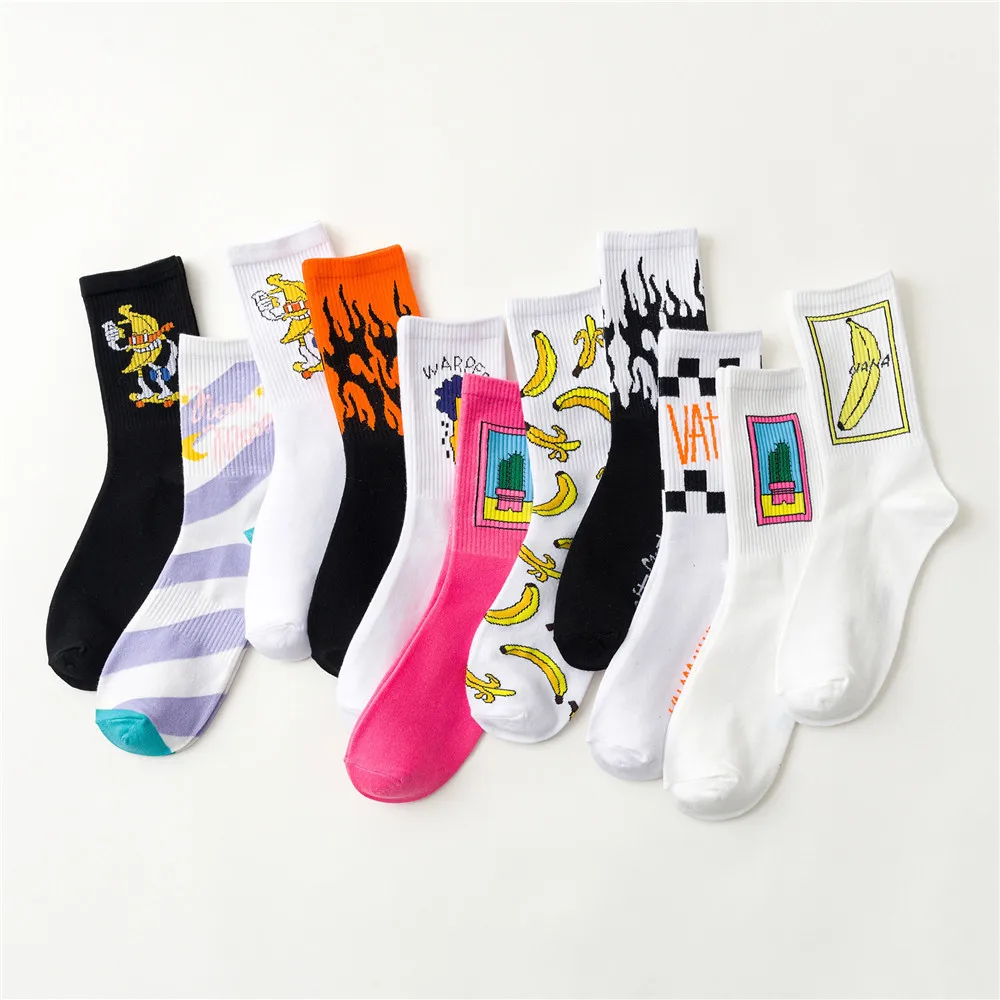 Ins Style Women Men Cotton Socks Hip-hop Female Sports Socks Cactus Banana Street Style Skateboard Crew Socks