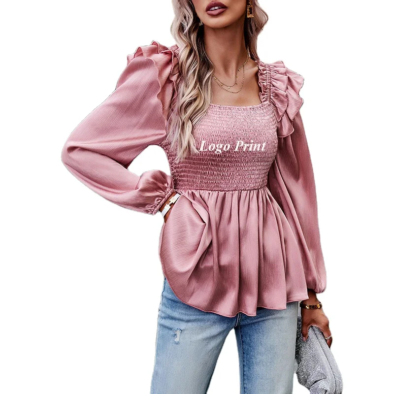 Factory Directly Custom Logo Woman New Blouse Tops Summer Autumn Pink Royal Blue Elegant Ladies Smocked Cuff Ruffles Tunic Shirt